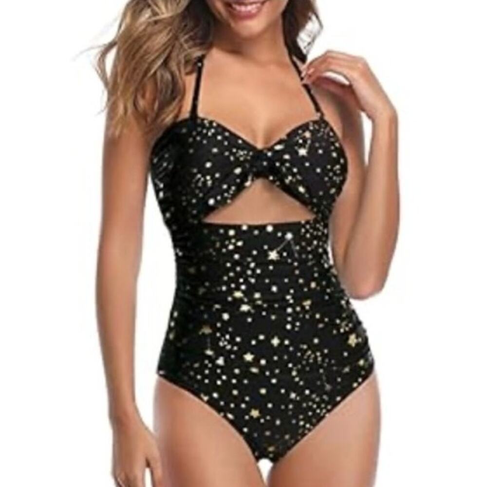 Women’s Star Print One-Piece Swimsuit  XL | Constellation Cut-Out Halter NWOT